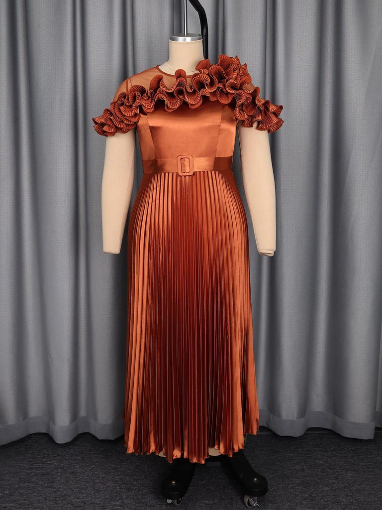 Женское платье большого размера с оборками по подолу, сетчатой вставкой и плиссированной юбкой с акцентом на талии - Элегантное высококлассное вечернее платье