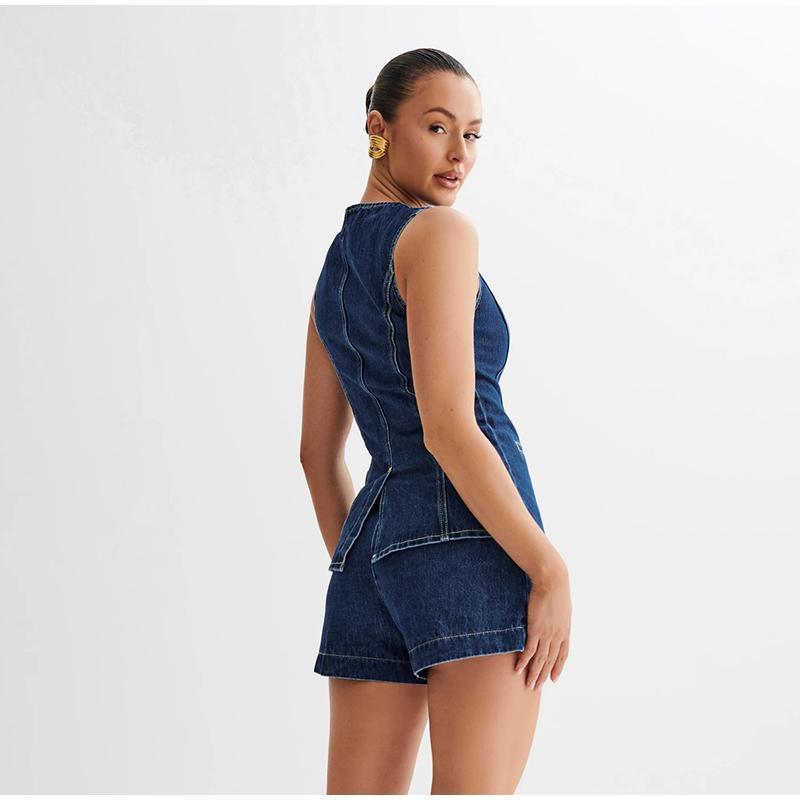 Denim Split Vest Shorts Set Women Single Breasted Sleeveless O-neck Top High Waist Short Pant Summer Lady Suit