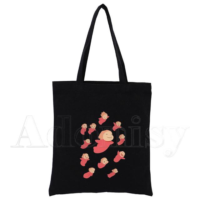 Холщовая черная сумка для покупок Ponyo, многоразовая тканевая сумка через плечо, подарочная сумка