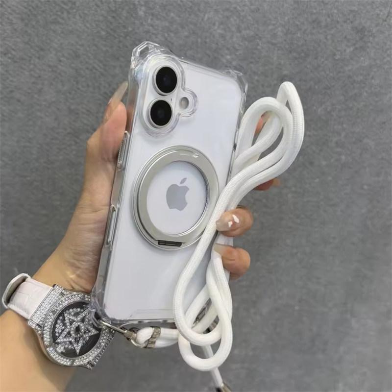 Чехол-держатель с ремешком-шнурком на шею, прозрачный, с магнитной подставкой, для iPhone17 Air 16e 11 12 13 14 15 Pro Max Plus, с плечевым ремнем, жесткая крышка