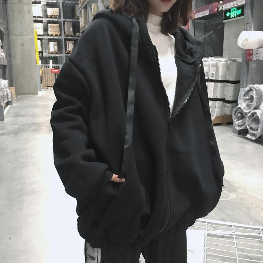 2020 Korean Style Thick Fleece-Lined Hooded Zip-Up Mid-Length Sweatshirt Jacket for Women