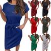 Ladies Casual Fashion Sexy Round Neck Short Sleeve Belted Solid Color Dress