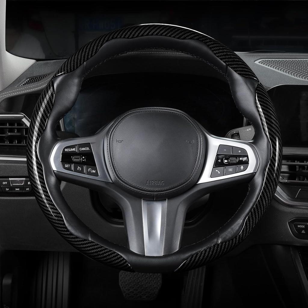 Carbon Fiber Steering Wheel Cover, Snap On Car Steering Wheel Cover Set Accessories 3Pcs Wrap Grip Non Slip Protector Universal Glossy Black