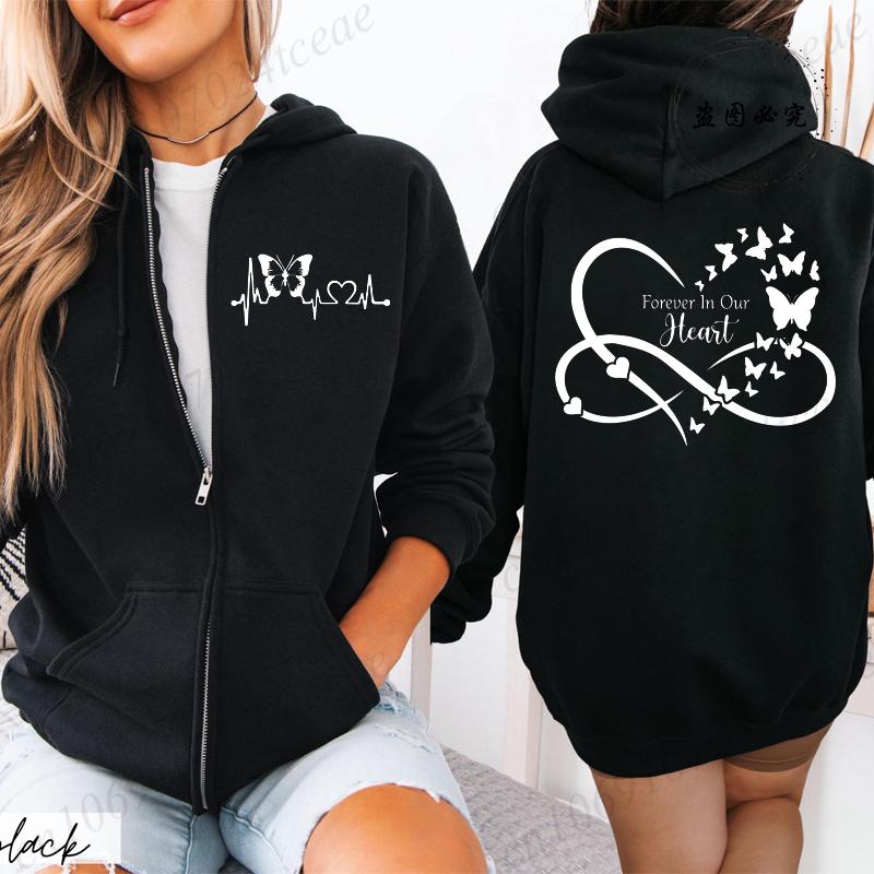 Новая Мода Толстовка с Капюшоном на Молнии Одежда Модные Толстовки с Принтом Бабочки и Сердца Повседневная Мода Куртки на Молнии Пальто Топы
