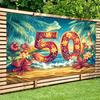 Hawaii 50th Anniversary Tropical Beach Party Banner - Vibrant Hibiscus Flowers and Palm Tree Background