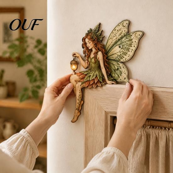 Nursery Wall Art Wooden Fairy Door Topper, Winged Woodland Corner Tale Room Decor Frame Sign for Living Bedroom Entryway Home Decoration