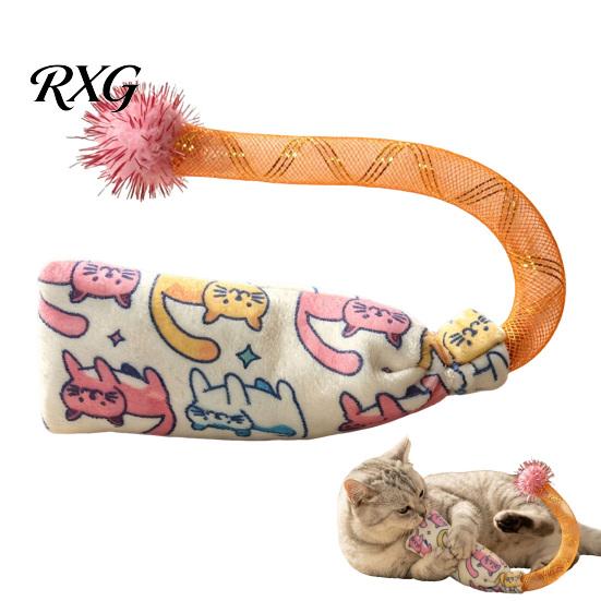 Durable Scratching Toys for Pets Mesh Tube Cat Toy, Crinkle Plush Pouch with Tinsel Pom Pom, Interactive Small Animals Stretchable Toy Indoor