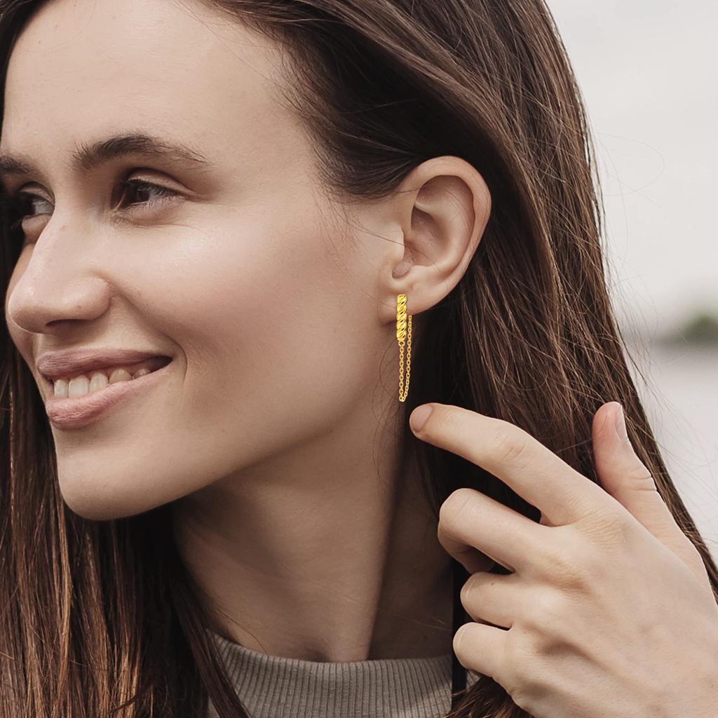 Серьги-гвоздики из стерлингового серебра 925 пробы с позолотой 14 карат и подвесной цепочкой для женщин-подростков