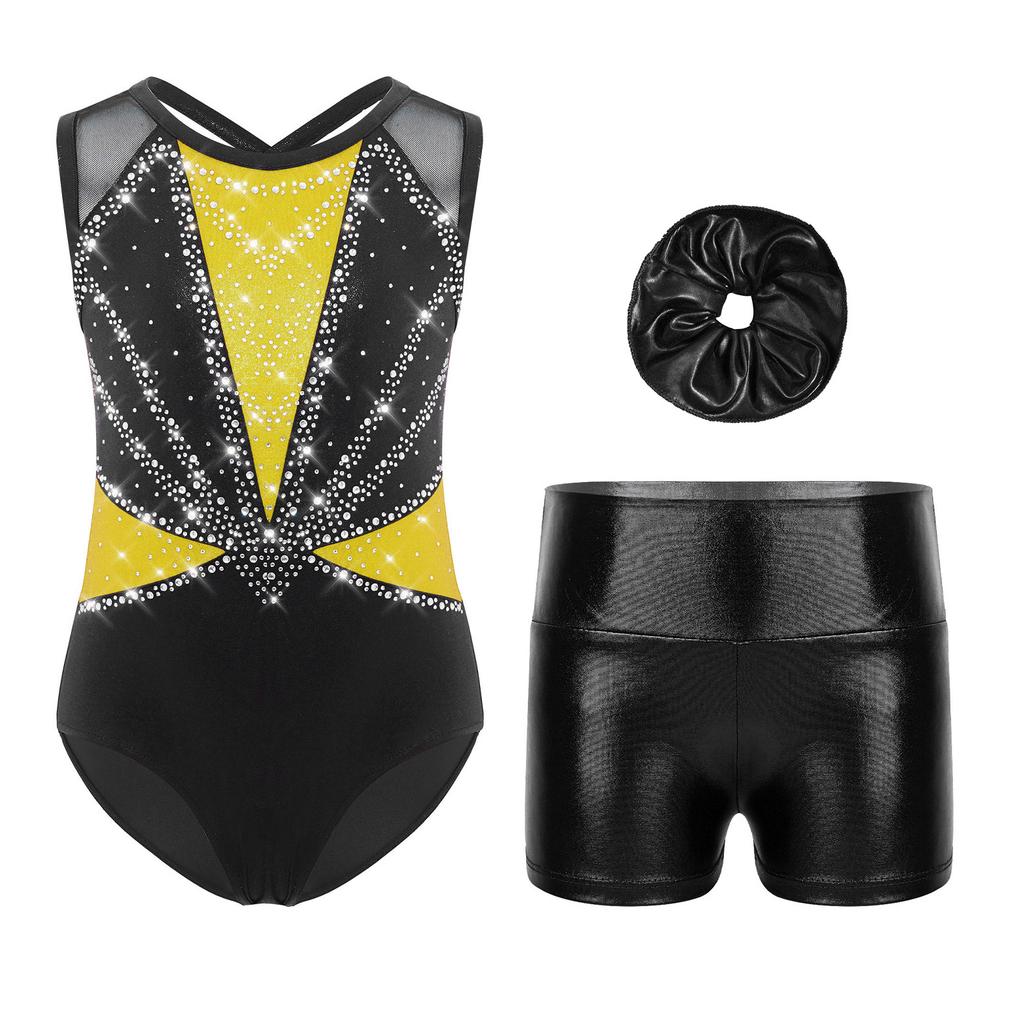 Girls Dance Performance Set Shiny Rhinestones Sleeveless Crisscross Back Leotard Metallic Shorts Headwear