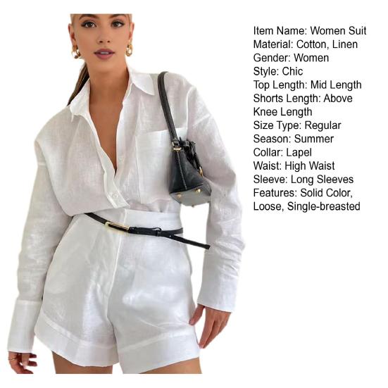 2 Pcs/Set Women Shirt Shorts Set Solid Color Long Sleeves Turn-down Collar Chest Pocket Blouse High Waist Loose Above Knee Length Pants Set