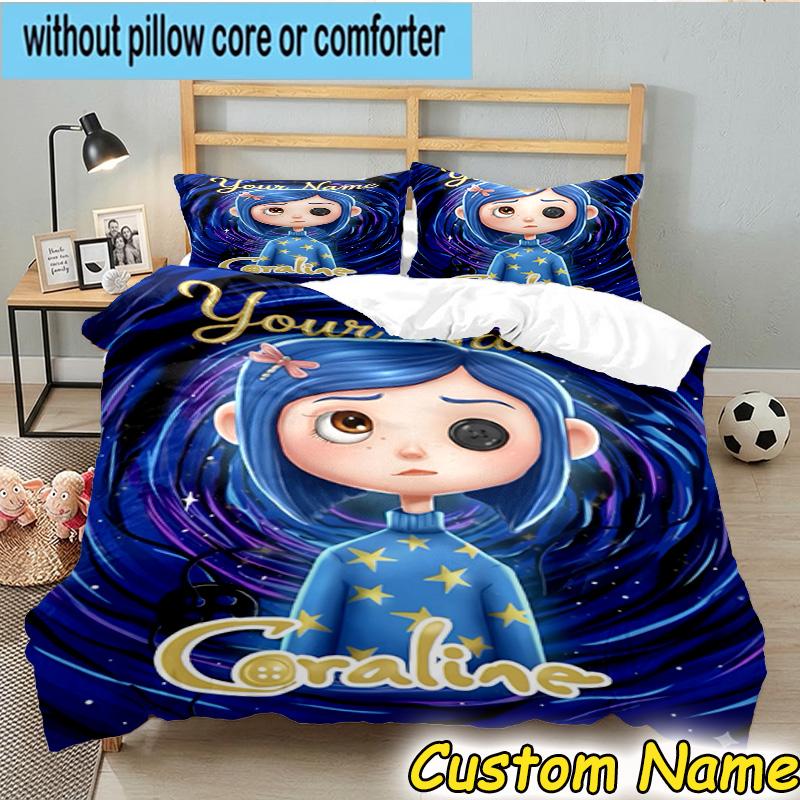 3pcs Custom Name Mystery Coraline's World Bedding Set Includes 1 Duvet Cover & 2 Pillowcases for All Seasons Dormitory Home Decor Christmas gifts
