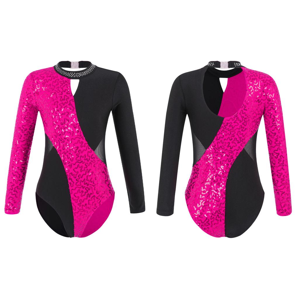 Детский гимнастический трико с открытой спиной для девочек, боди для фигурного катания с блестящими пайетками и длинными рукавами для танцев