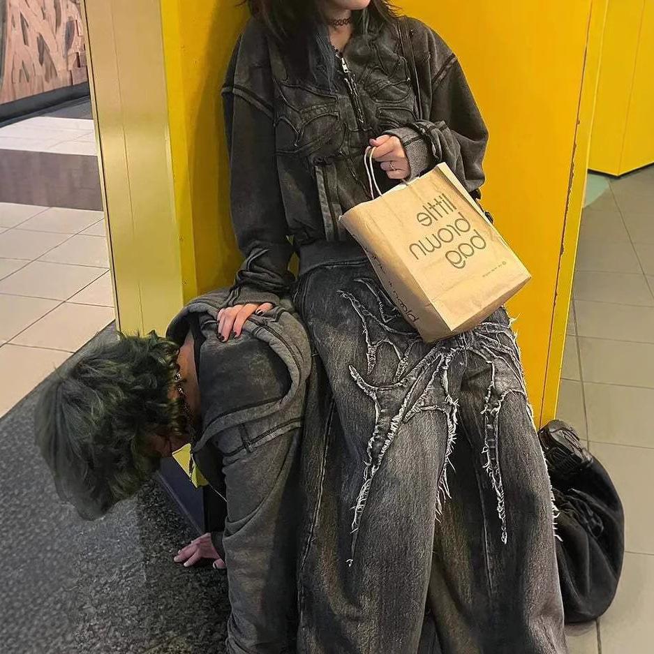 Unisex Y2k Gothic Vintage Jeans Spider Embroidered Spliced American Style Denim Pants Baggy Wide Leg Hip Hop Streetwear