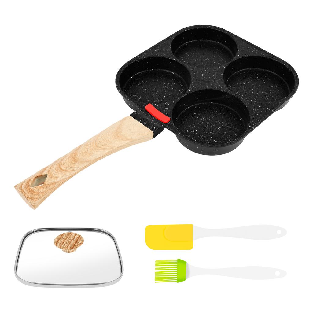 Non Stick 4-Cup Egg Frying Pan with flipping Lid Aluminum Pancake Egg Cooker with Spatula and Brush Burgers Omelet Cooking Pan