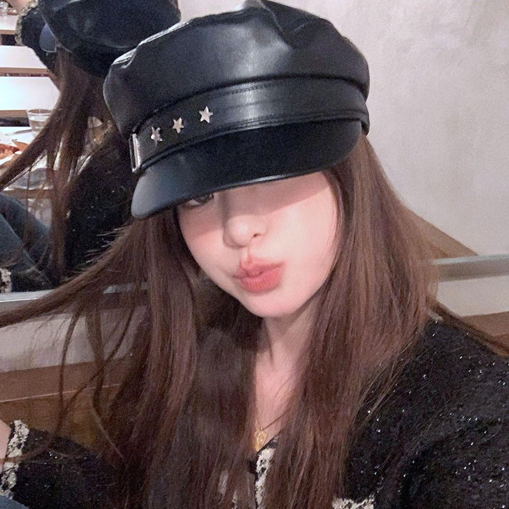 British Style Octagonal Hat Korean Style Painter Hat Personality Pu Leather Beret Outdoor