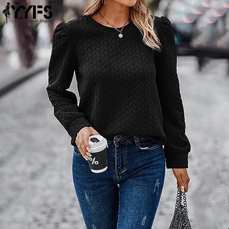 YYFS Women's Fashion Casual Spring Fall Solid Color Print Long Sleeve O-Neck Blouses & Shirts