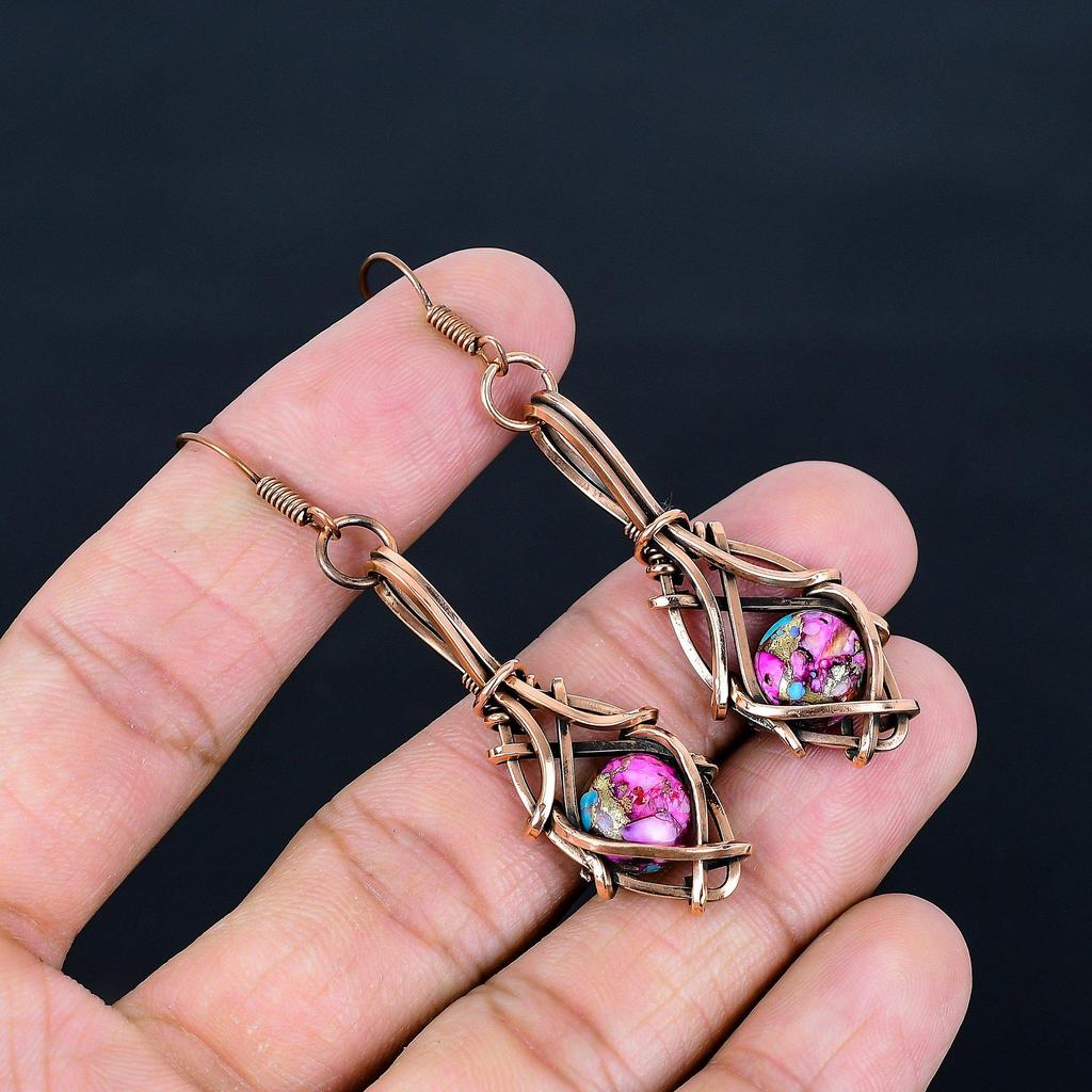 Pink Spiny Oyster 999 Copper Wire Wrapped Earrings, Handmade Gemstone Jewelry Earrings, For Memorial Day