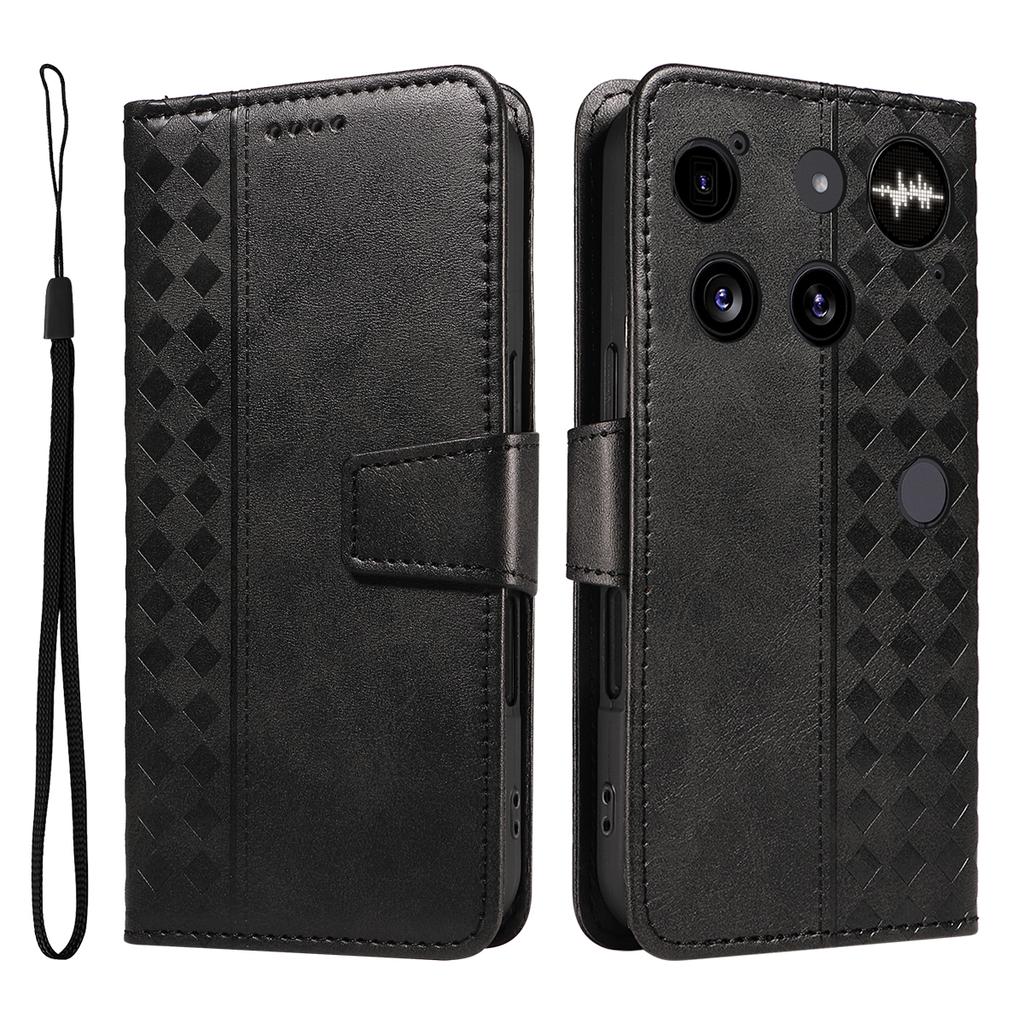 For Nothing Phone (3) 5G Leather Case Wallet Stand Grids Imprinted Phone Cover with Strap