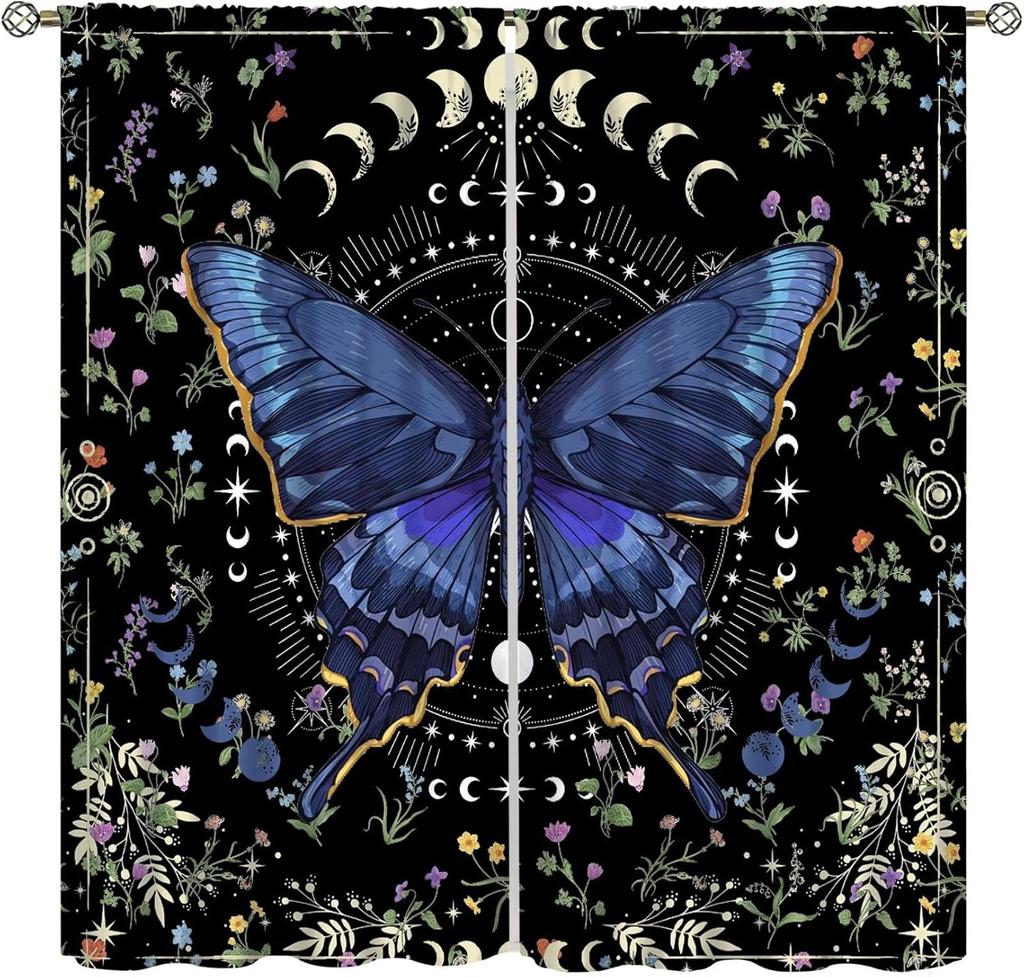 Butterfly Girl Nature Landscape Curtains,Spring Botanical Floral Teen Kids Scenic Printed Rod Pocket Window Treatments Living