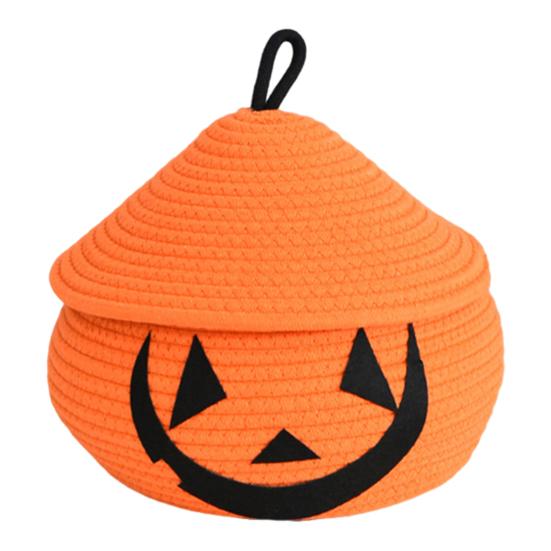 Halloween Woven Pumpkin Basket with Lid Empty Rope Woven Basket Trick or Treat Pumpkin Storage Bin Candy Snack Container