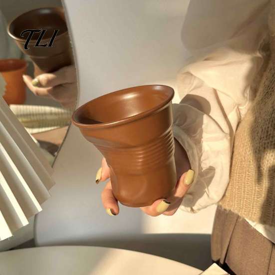 Aesthetic Desktop Decor Ceramic Irregular Pleated Water Cup, Simple Style Dopamine Solid Coffee Mug Color Mug, Decorative Teacup for Home And