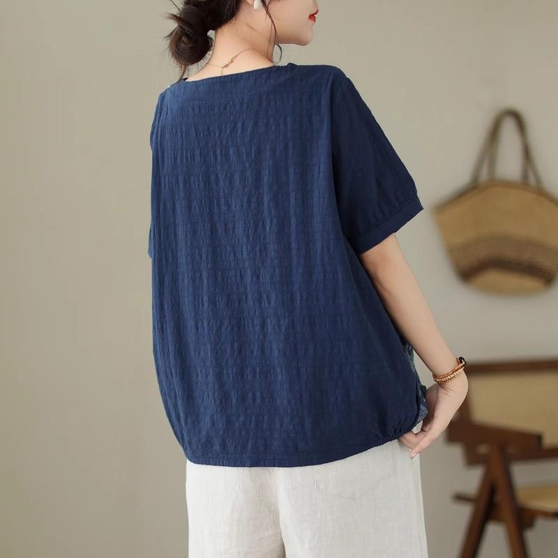 Dimanaf 2024 летние женские футболки больших размеров с цветочным принтом, элегантные лоскутные топы с рукавами, футболки, свободная повседневная льняная рубашка 91688