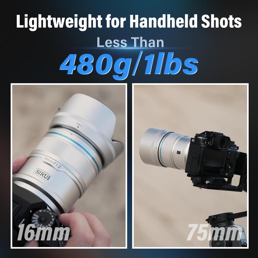 SIRUI Sniper 75mm Autofocus Lens Wide Angle Camera Lens for A5 A6 A7 FX A9 Series 16mm, Set, F1.2 APS-C ZV-E (E Mount, Silver)