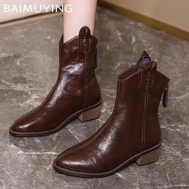 Остроносые массивные женские ботильоны, элегантные кожаные туфли на среднем каблуке 2025 года, модные зимние туфли-лодочки, классические готические туфли Botas De Mujer