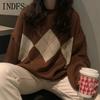 INDFS Women's Fashion Casual Fall Winter Rhombus Print Long Sleeve O-Neck Sweaters