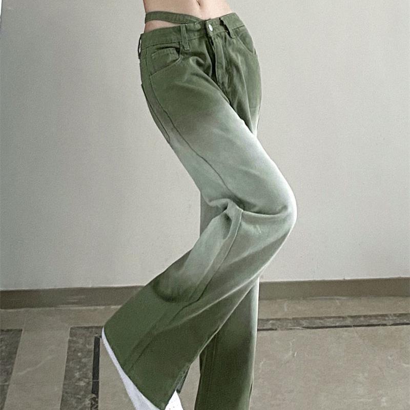 Womens Fashion High Waist Split Up Green Women's Wide Leg Jeans Baggy Woman Denim Capris Pants Jean Mom Jeans Trousers