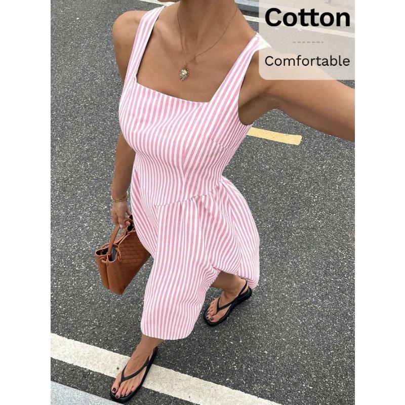 Women Casual Fashion Square Neck Sleeveless Color Block Striped High Waist Long Dress