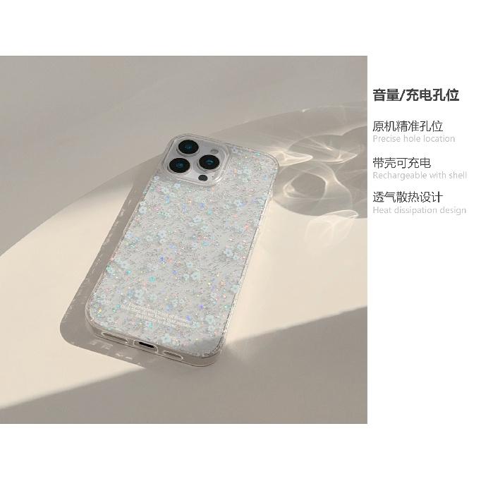 Gentle blue floral case suitable for Apple 16 Pro Max, 17 glitter, iPhone 15 transparent, 1312 elegant