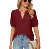 Summer Casual V-neck Solid Color Hollow Bubble Sleeve Loose T-shirt Top for Women Shirt