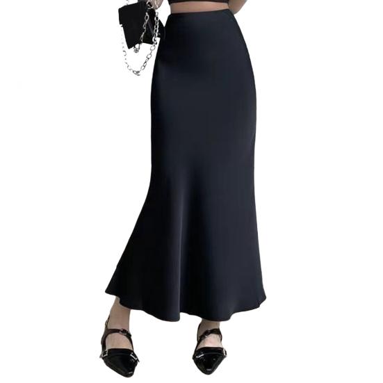Women Fishtail Skirt High Waist Fishtail Hem Maxi Skirt Solid Color Retro Satin Texture Hip Wrapped Skirt