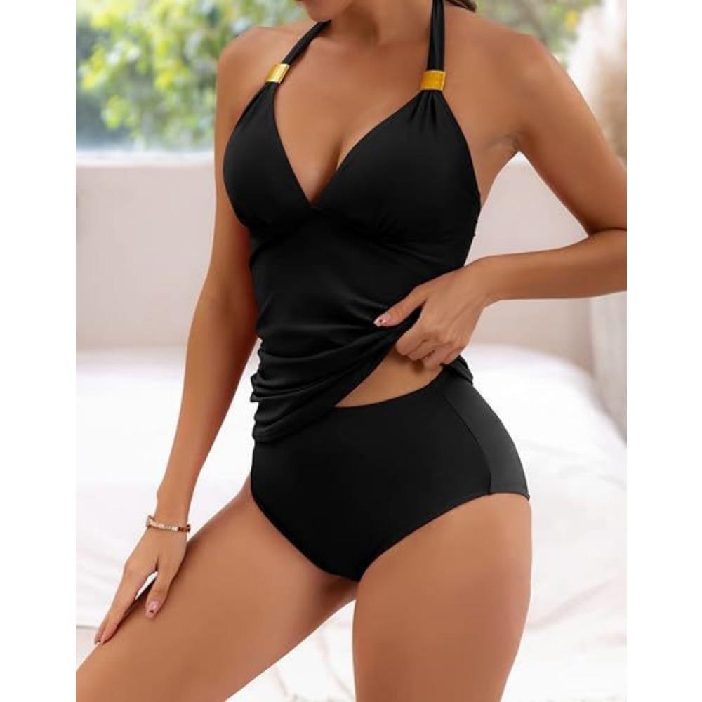Women's Pure Color Halter Split Strap Belly Contracting Two Piece Swimsuit V-neck Swimsuit with Shorts