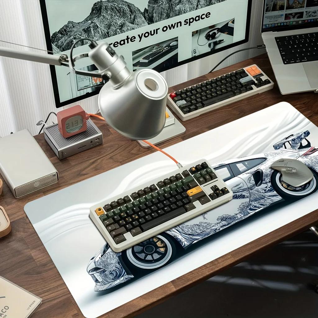 Large White Sports Car Design Gaming Mouse Pad -Slip Rubber Base Extended Desk Mat for Gamer Use Computer Accessories