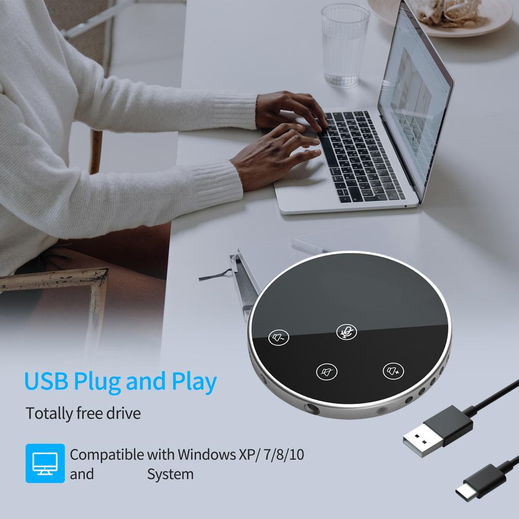 Настольный USB-микрофон-спикерфон для конференций, 360° всенаправленный, конденсаторный, Plug & Play, микрофон для ПК с динамиком, сенсорные кнопки / Регулировка громкости