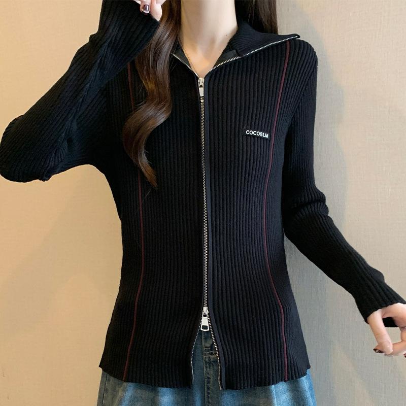 Черный вязаный кардиган для женщин на осень и зиму, новый корейский стиль, дизайн, двойная молния, топ с лацканами