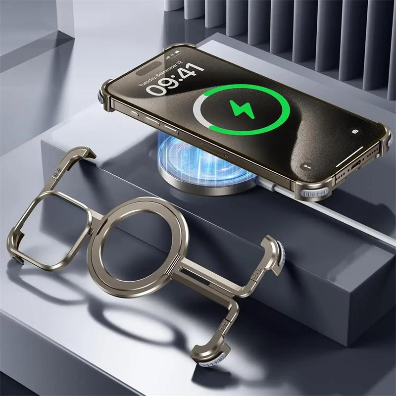 Роскошный металлический безрамочный чехол для телефона Magsafe с магнитной подставкой для iPhone 15 14 13 12 Pro Max 15Plus противоударный чехол из алюминиевого сплава