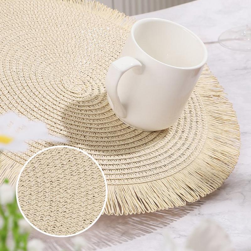 Круглые плетеные салфетки под приборы, бумажные салфетки с бахромой, плетеные вручную нескользящие изоляционные салфетки, подставки под чайные чашки, украшения для обеденного стола