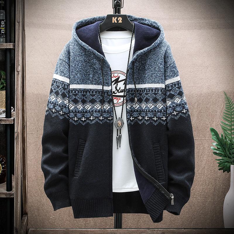 Fashion Men's Jacket Fall And Winter Casual Sweater Jackets Warm Knit Sweater Hooded Hoodie Coats