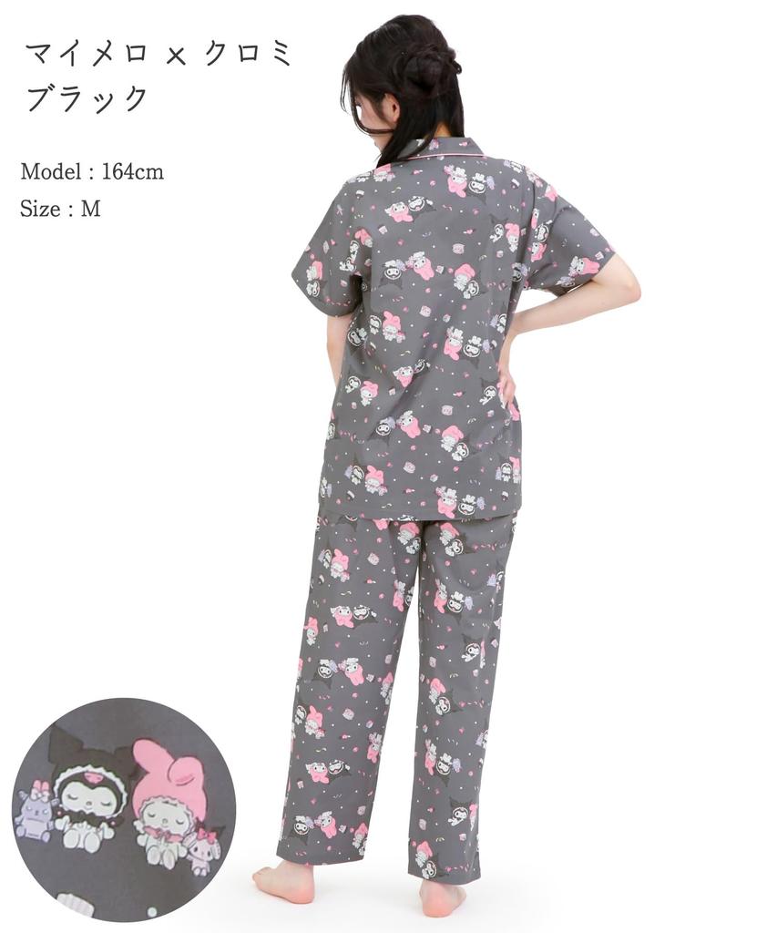 SAZAC Angel My Melody x Kuromi Рубашка Хлопок Короткий Рукав и Длинные Брюки Домашняя Одежда Пижама, 100% Поплин, Женский Комплект, (Черный/M/SAN1947)