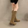 2025Vintage Women Knee High Boots Fashion Square Low Heel Shoes Concise Slip On Slim Long Botas De Mujer