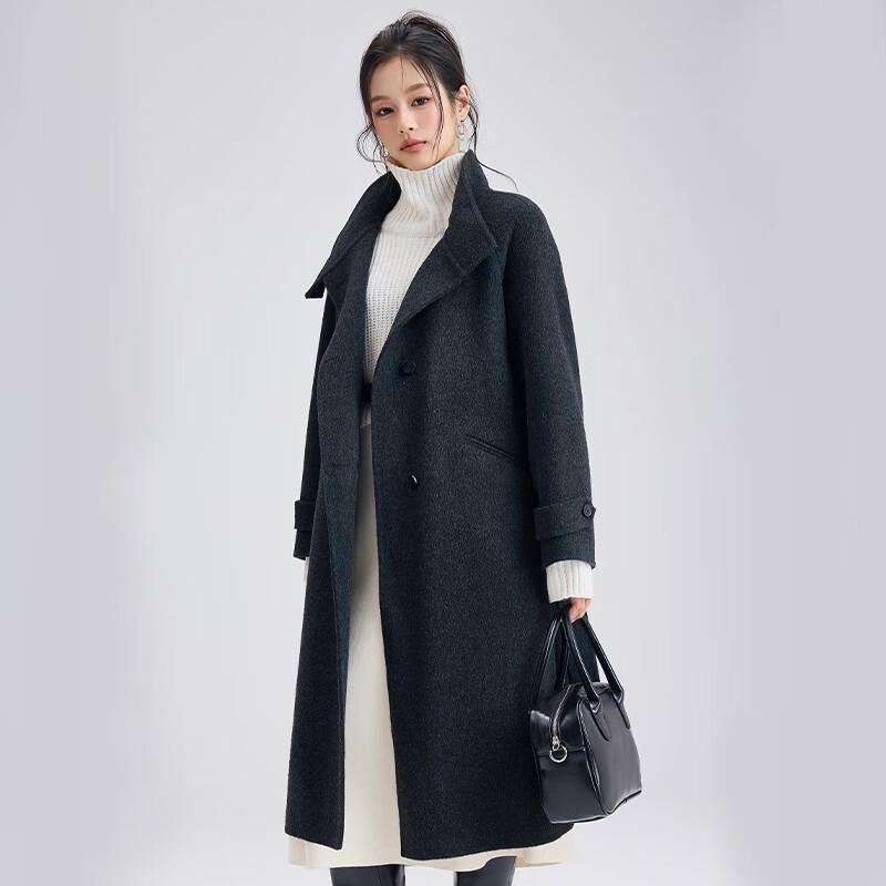 Fengxun Женское Премиальное Двустороннее Пальто из 100% Шерсти со Стойкой