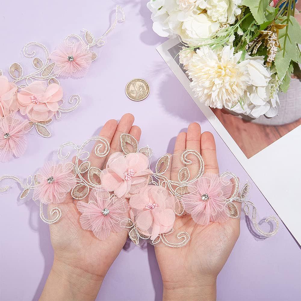 1 шт. 3D аппликация из розового цветочного кружева с нашивкой из страз, цветочные вышитые аппликации для ремонта