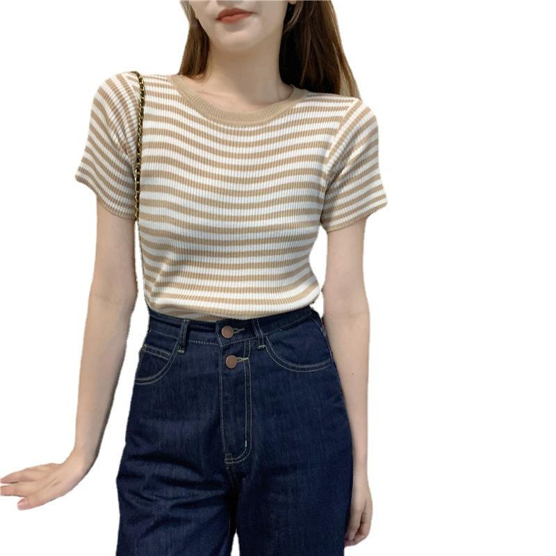 Футболка с круглым вырезом и короткими рукавами, женская летняя, с высокой талией, тонкая, в полоску, узкая, короткая, трикотажная, повседневная, облегающая, свитера, футболки