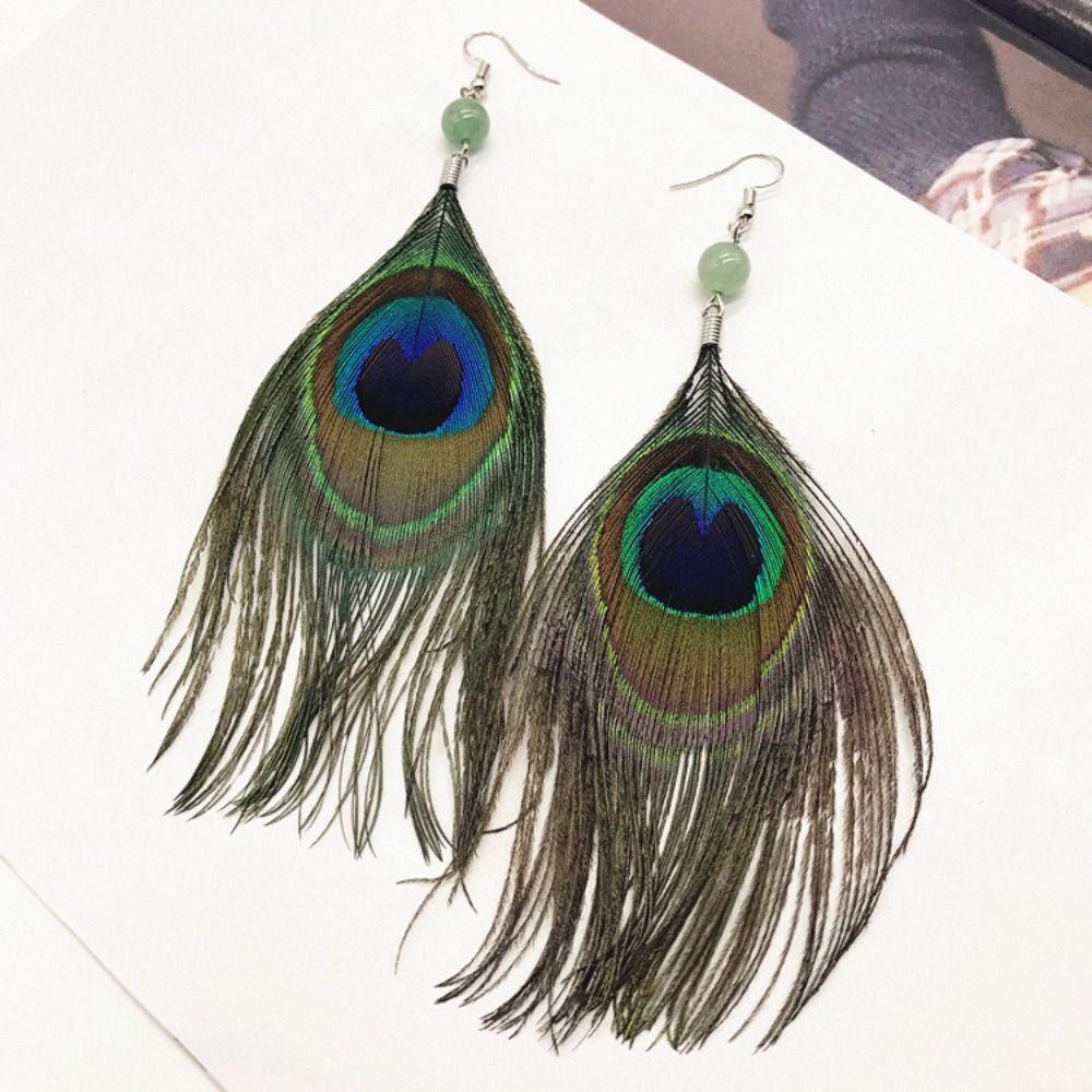 Retro National Style Bohemian Jewelry Bead Peacock Feather Earrings Women Dangle Earrings