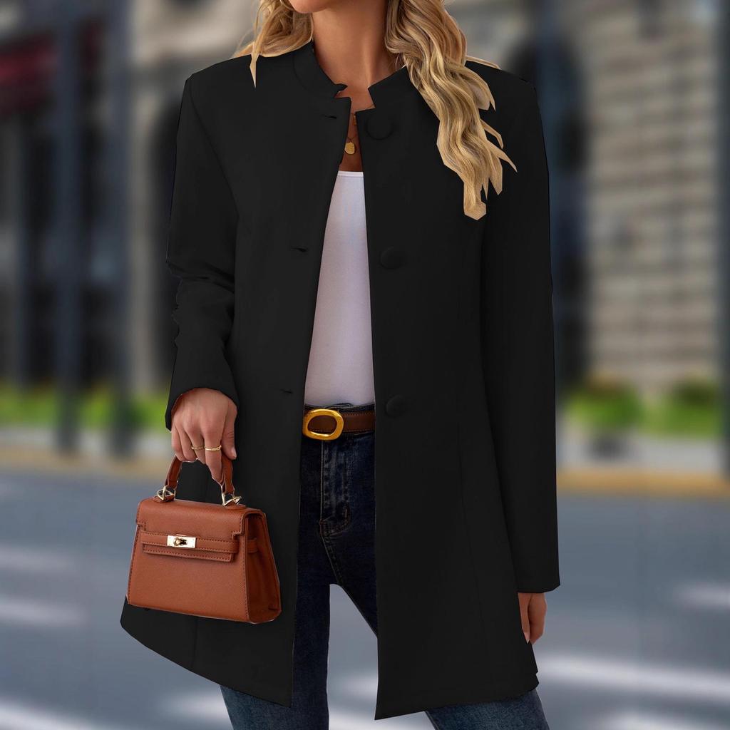 Европейское женское повседневное шерстяное пальто большого размера 2025 года с воротником-стойкой, средней длины - Осенне-зимняя коллекция