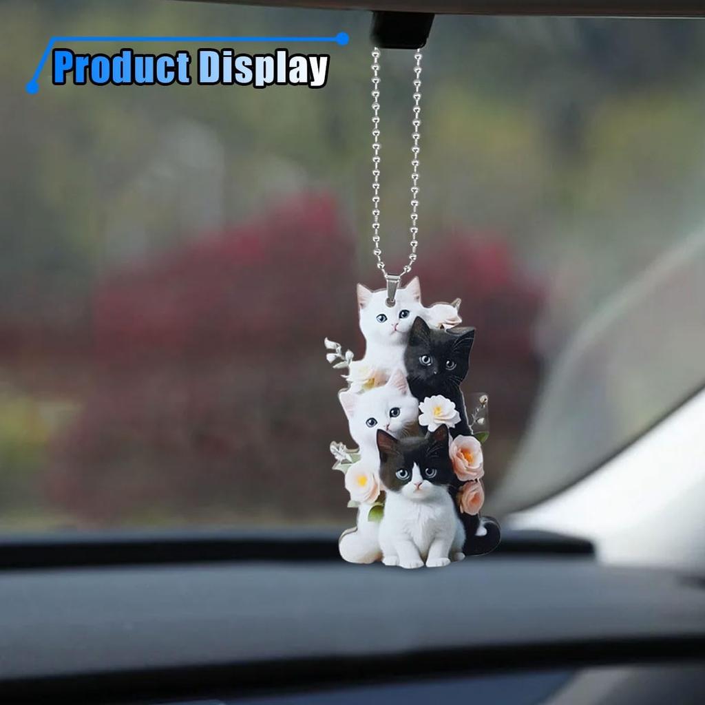 Cute Cat Car Mirror Hanging Accessories - 2D Flat Acrylic Kitten Christma Tree Ornament Decoration Car Rear View Mirror Charm - Car Interior Rearview
