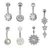 7Pcs/Set Women Round Floral Rhinestone Charm Belly Button Barbell Navel Ring